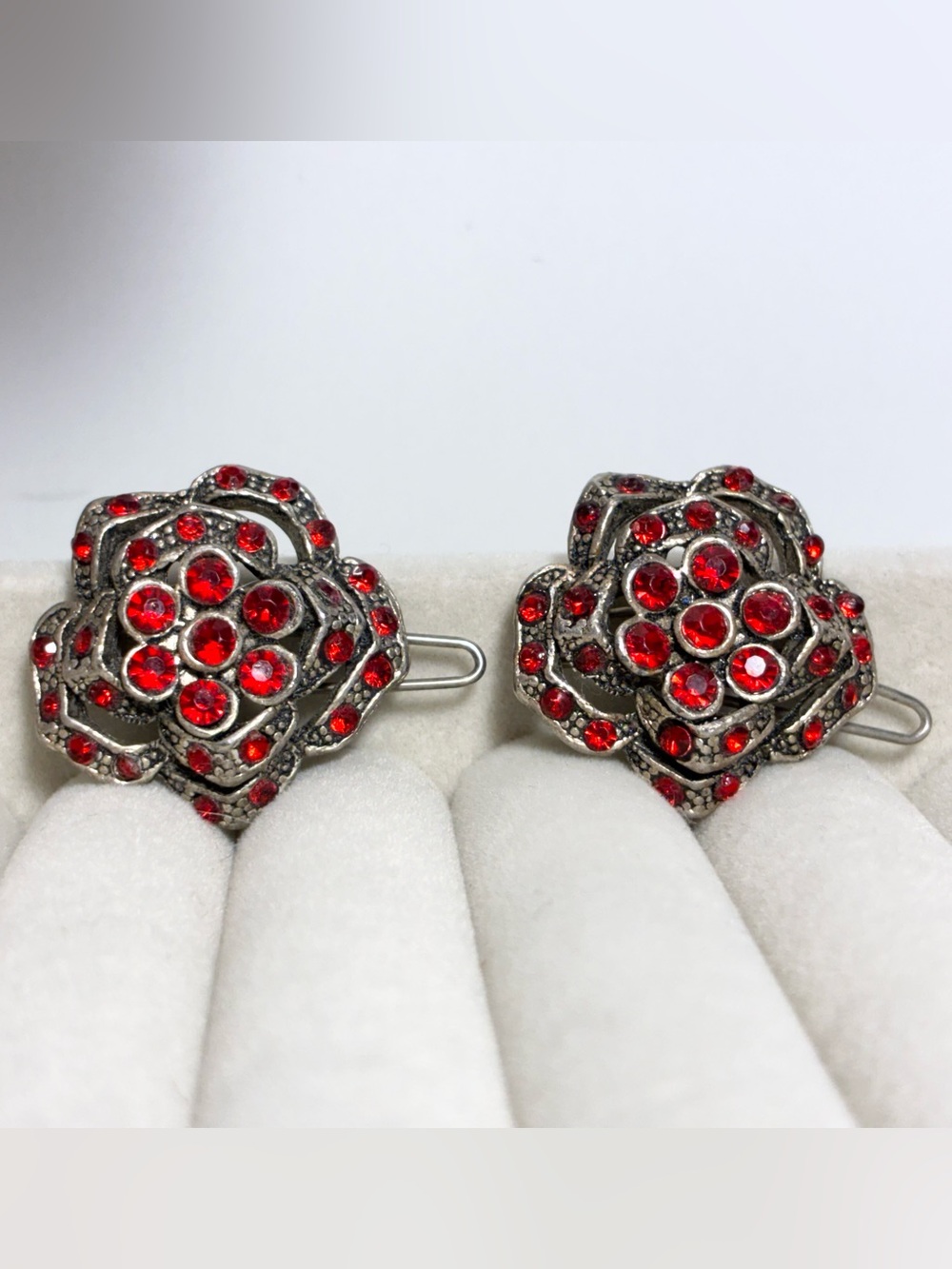 90s Y2K Red Rhinestone Floral Silver Tone Hair Barrettes Pair Vintage 1”